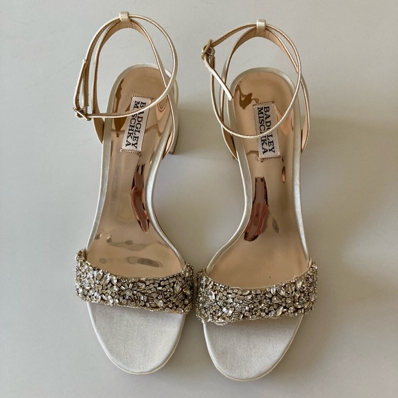 Badgley Mischka Block Heels, Ivory Satin - Picture 1 of 8